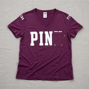 Victoria Secret PINK Shirt Womens S V Neck Burgundy Logo Pocket Tee